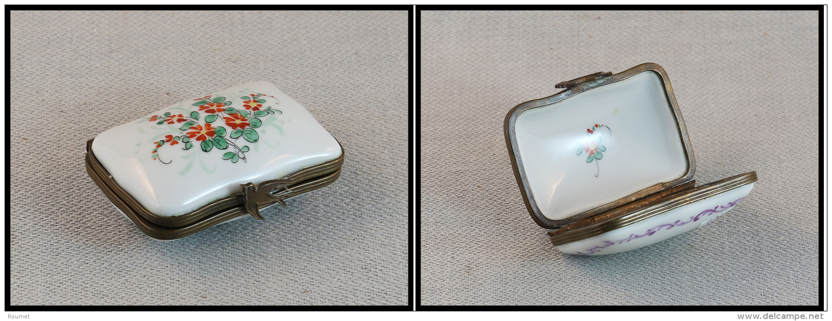 Boîte Porcelaine, Cerclage Bronze Et "Hirondelle" En Boucle De Fermeture, 1 Comp., 55x35x15mm. - TB - Stamp Boxes