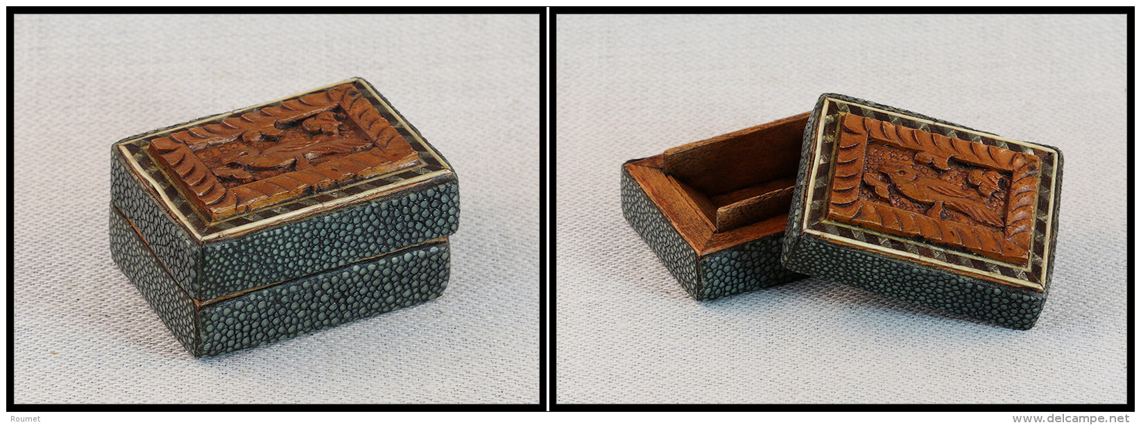 Boîte En Galuchat, 1 Comp. En Bois Verni, 55x40x28mm. - TB - Stamp Boxes