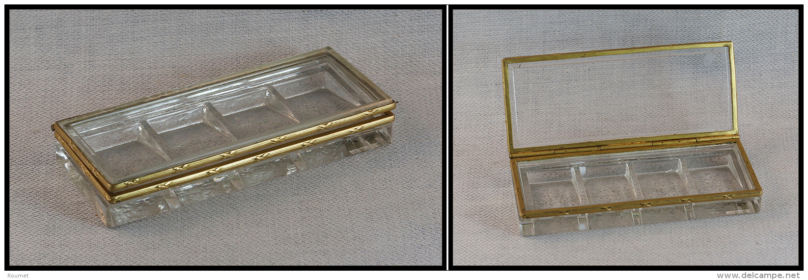 Boîte En Verre, Cerclage En Bronze, 4 Comp., 120x50x18mm. - TB - Stamp Boxes