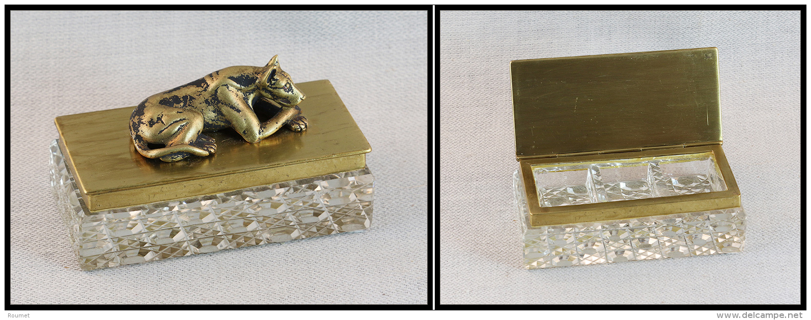 Boîte Cristal, Couvercle Et "Chien" En Relief, Sur Dessus En Bronze Doré, 3 Comp., 105x52x30mm. - TB - Stamp Boxes