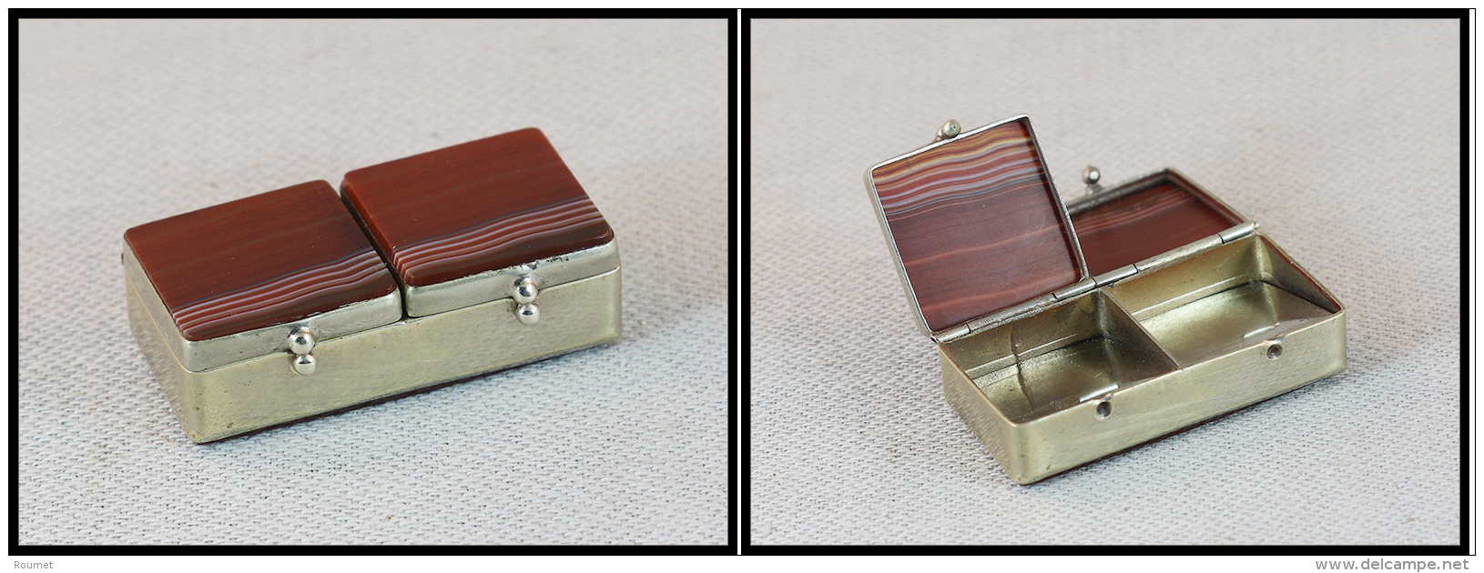 Boîte En Agate, Cerclage Métal Argenté, 2 Couvercles, 2 Comp., 52x25x15mm. - TB - Stamp Boxes
