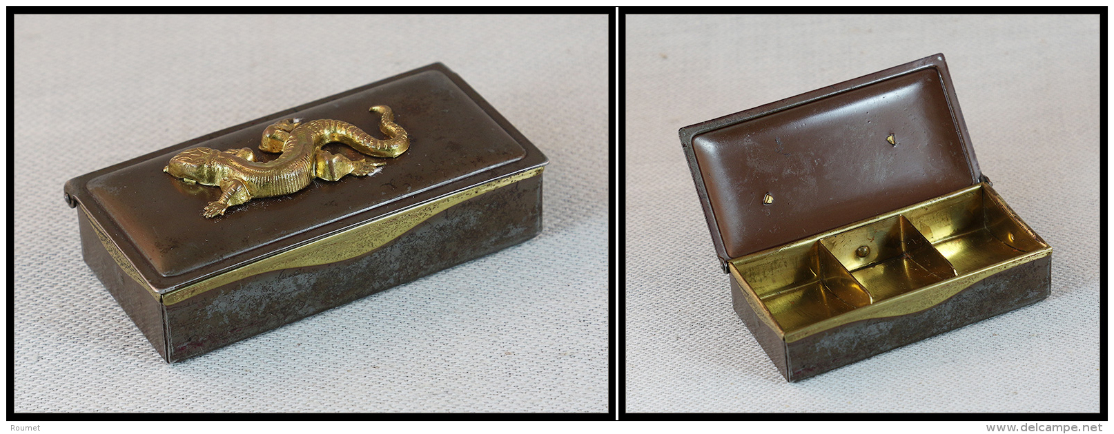 Boîte En Acier, Avec "Lézard" En Relief Sur Couvercle, 3 Comp. Laiton, 80x40x20mm. - TB - Stamp Boxes