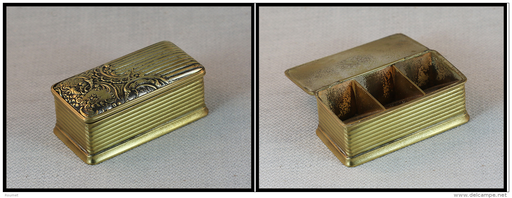 Boîte "Art Nouveau" En Laiton, 3 Comp., 74x40x25mm. - TB - Stamp Boxes