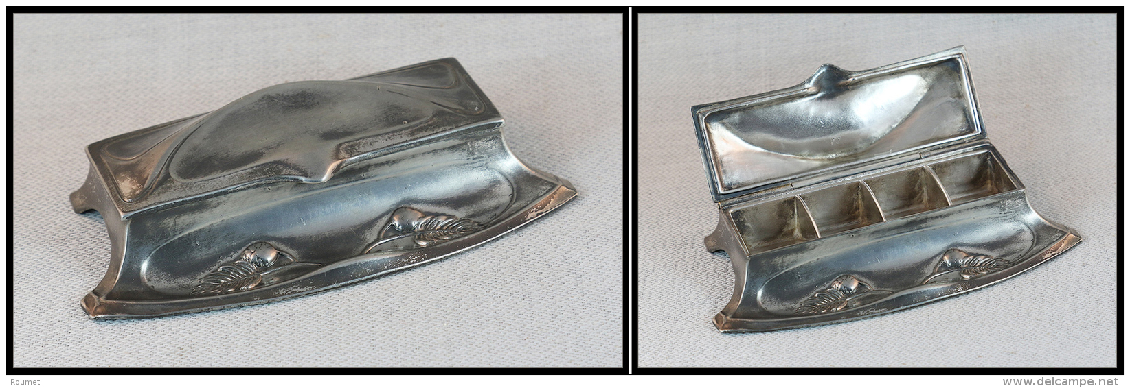 Boîte "Art Nouveau" En étain, Signée "W.M.F", 4 Comp., 132x62x20mm. - TB - Stamp Boxes