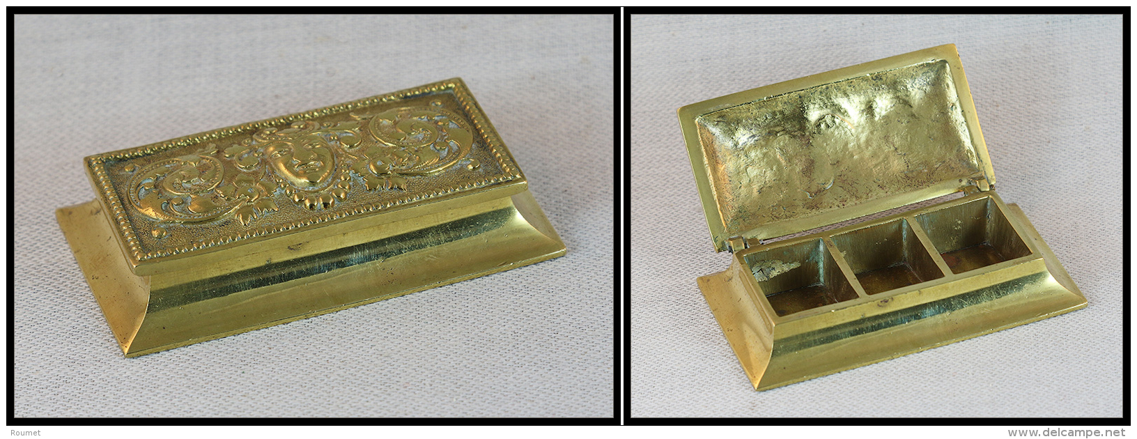 Boîte En Bronze Doré, Fin Décor Sur Couvercle, 3 Comp., 100x58x18mm. - TB - Stamp Boxes