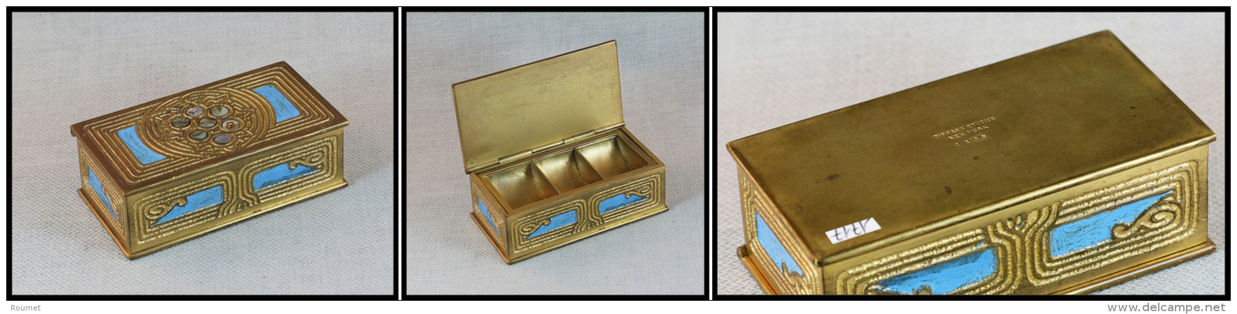 Boîte Tiffany En Bronze Doré, Perles De Nacre Sur Couvercle, Réf.1158, 3 Comp. Amovibles, 100x55x30m - Stamp Boxes