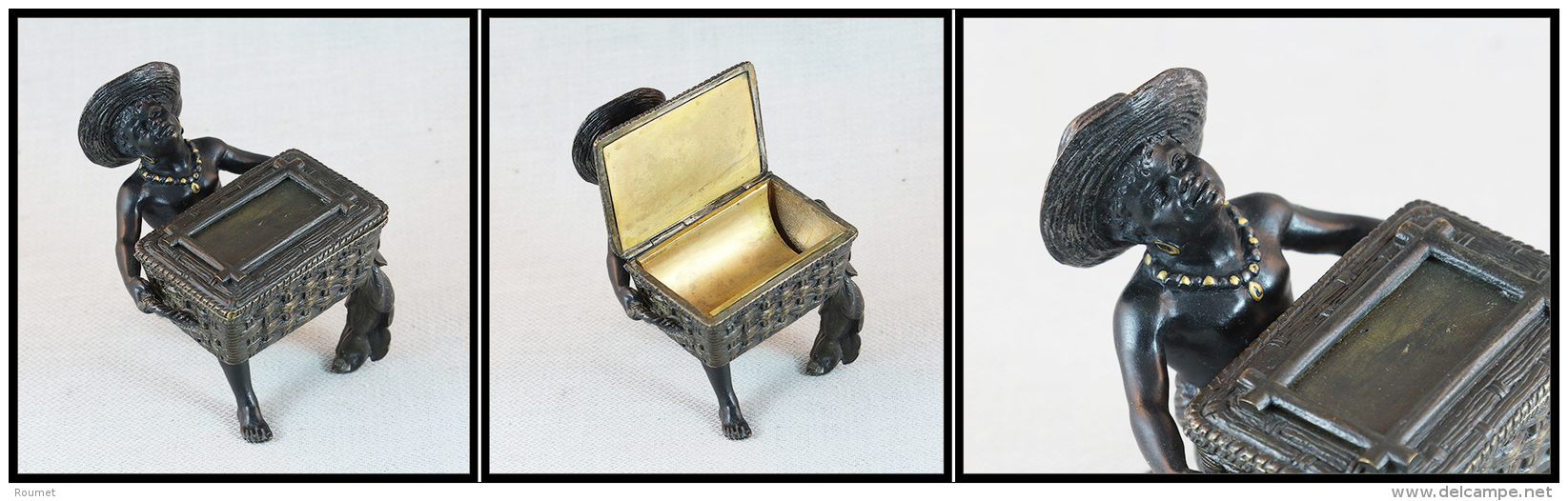 Boîte En Bronze De Vienne, époque Napoléon III, Représentant Un Africain Transportant Un Pani - Stamp Boxes