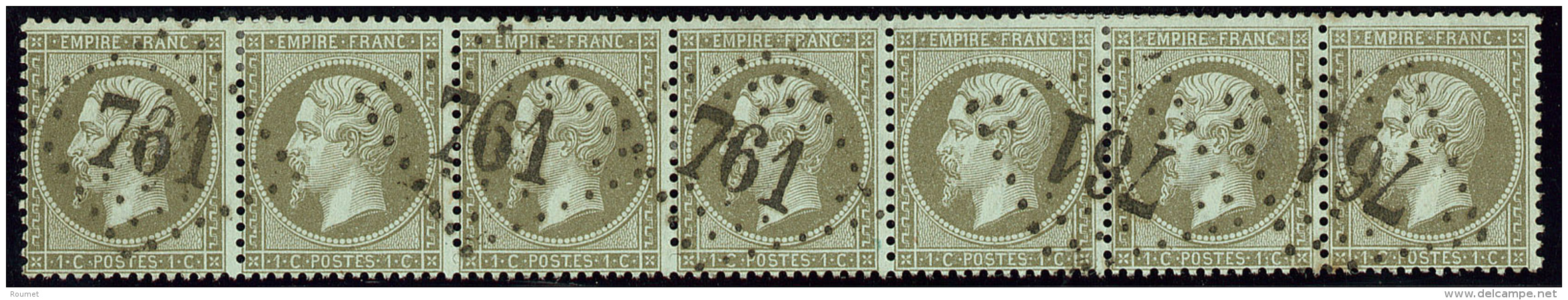 No 19, Bande De Sept Obl Gc 761, Les Deux Ex De Droite Amincis Mais Une Bande De Cinq Est TB - 1862 Napoleone III