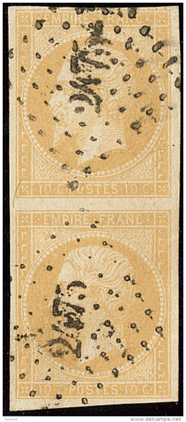 No 13Ib, Jaune Citron, Paire Verticale Obl Pc 2475. - TB - 1853-1860 Napoleon III
