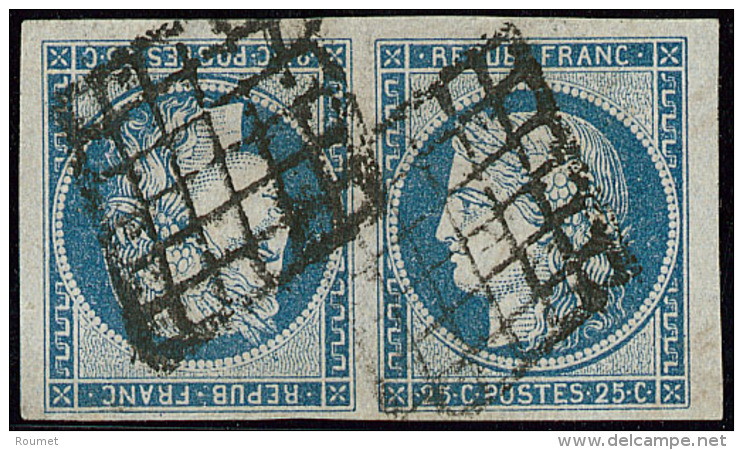 Tête-bêche. No T4, Bleu, Paire Horizontale Obl Grille, Très Jolie Pièce. - TB. - RR - 1849-1850 Ceres