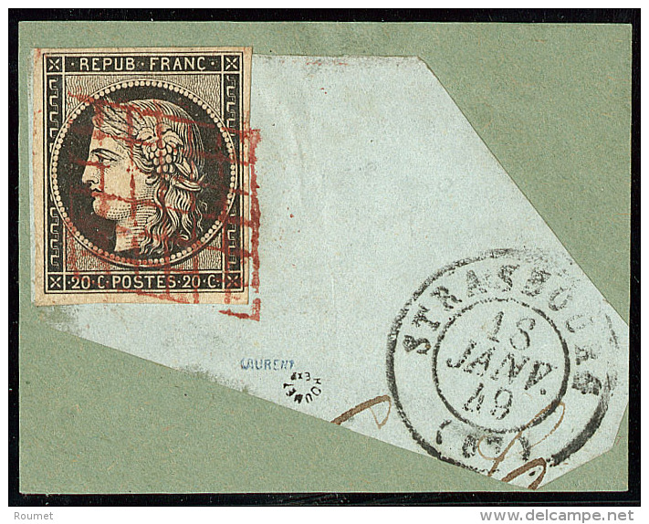 Oblitérations De Janvier 1849. Grille Rouge. No 3 Sur Petit Fragment Avec Cad Strasbourg 18 Janv 49, Jolie Pi&egr - 1849-1850 Ceres