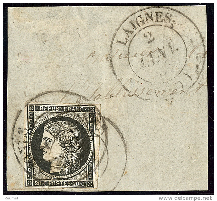 Oblitérations De Janvier 1849. Moyen Cad 14 De Laignes 2 Janv 1849, Sur N°3a (def) Sur Fragment Avec Cad R&ea - 1849-1850 Ceres