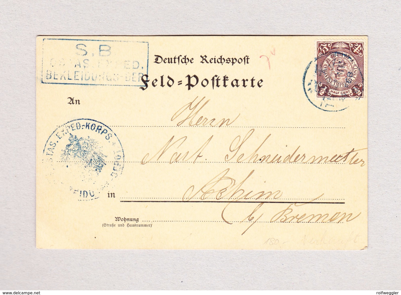 China TIENTSIN 23.9.1906 Postkarte Mit Half Cent Dragon Nach Achim Bremen - Lettres & Documents