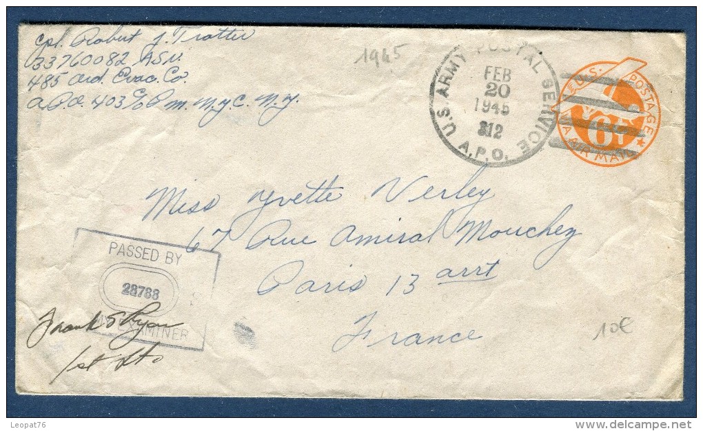 Etats Unis - Entier Postal En 1945 Pour La France Avec Contrôle Postal   Voir 2 Scans - Réf. S 95 - 1941-60