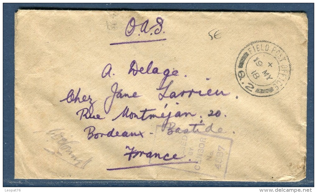 Grande Bretagne - Enveloppe En Franchise En 1918 Pour La France Avec Contrôle Postal   Voir 2 Scans - Réf. S 96 - Poststempel