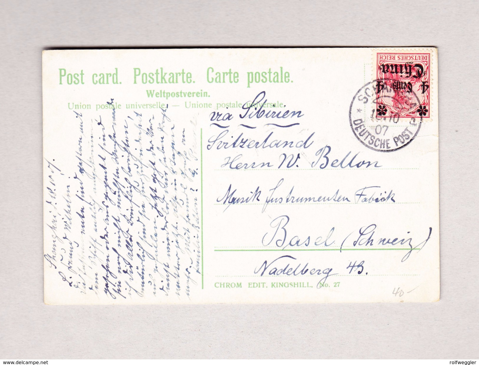 China SHANGHAI 4cents Germania 18.10.1907 Deutsche Post Ansichtskarte Nach Basel - Lettres & Documents