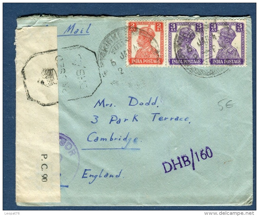 Grande Bretagne / Inde - Enveloppe Pour Cambridge  En 1943 Avec Contrôle Postal   Voir 2 Scans - Réf. S 110 - 1936-47  George VI