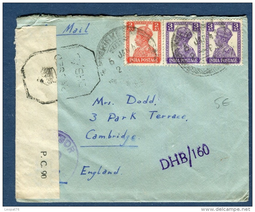 Grande Bretagne / Inde - Enveloppe Pour Cambridge  En 1943 Avec Contrôle Postal   Voir 2 Scans - Réf. S 110 - 1936-47 King George VI