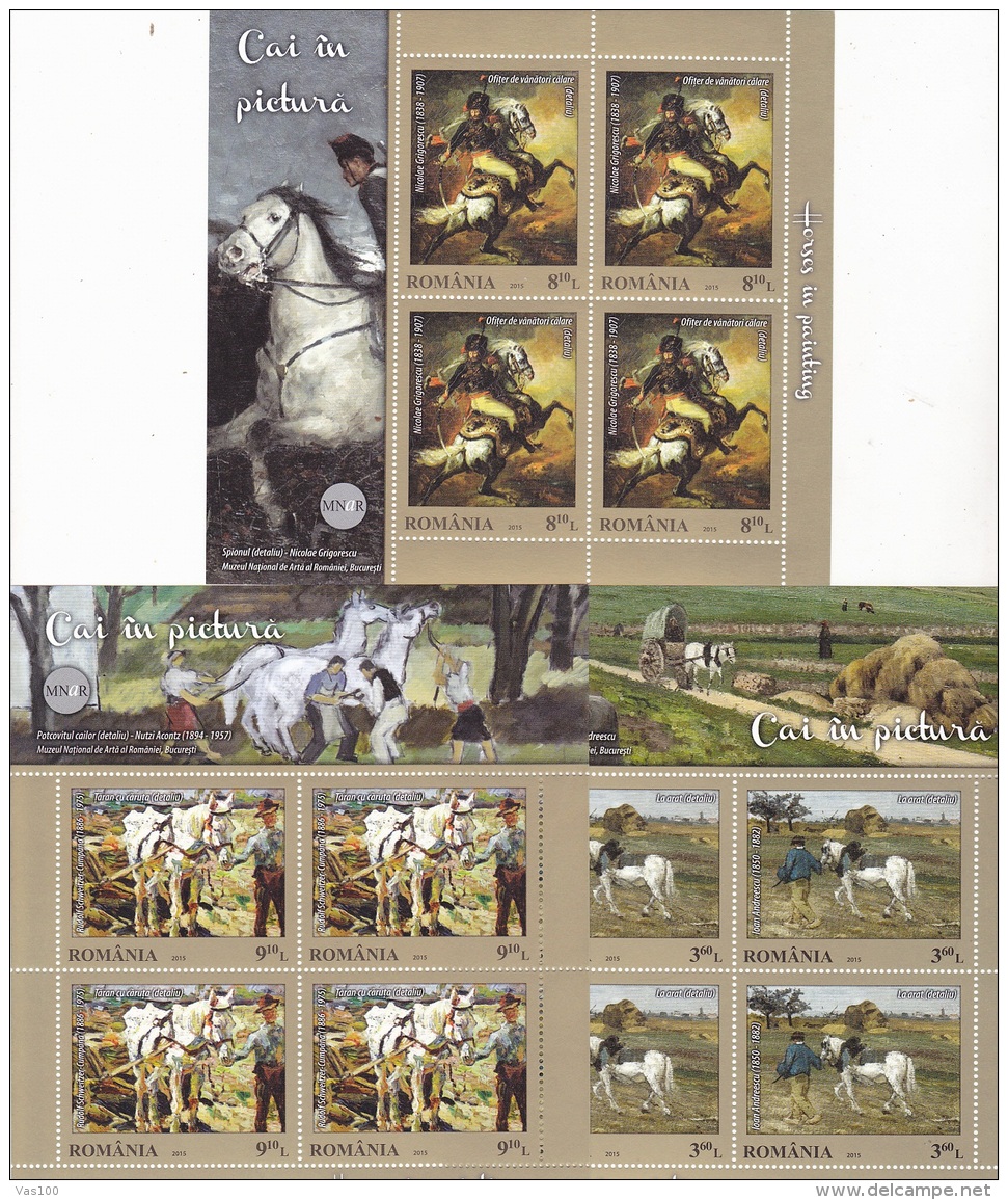 # T 120 HORSES IN PAINTINGS, FINE ART, 2015, MNH**, MINISHEET , 12 STAMPS, ROMANIA - Nuovi