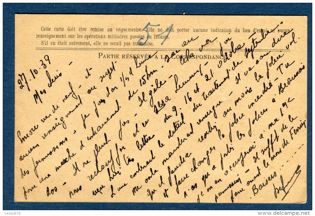 France - Carte En Franchise ( Secteur Postal 130 ) En 1939 Pour Beauvais  Voir 2 Scans - Réf. S 124 - Guerre De 1939-45