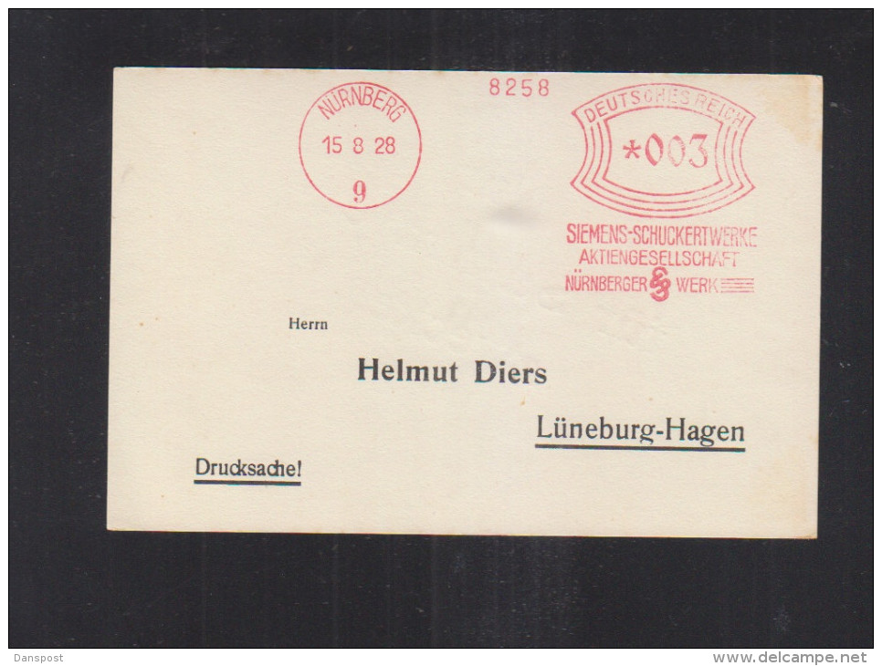 Dt. Reich PK Freistempel 1928 Siemens Schuckertwerke Nürnberg - Storia Postale