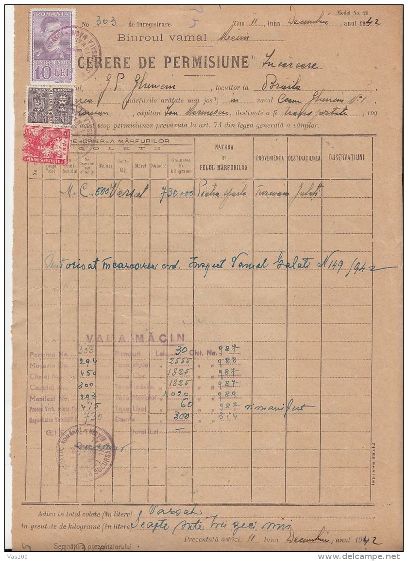 PERMIT APPLICATION FOR WARES, CUSTOMS OFFICE, KING MICHAEL REVENUE STAMP, FLOOD VICTIMS STAMPS, 1942, ROMANIA - Historical Documents