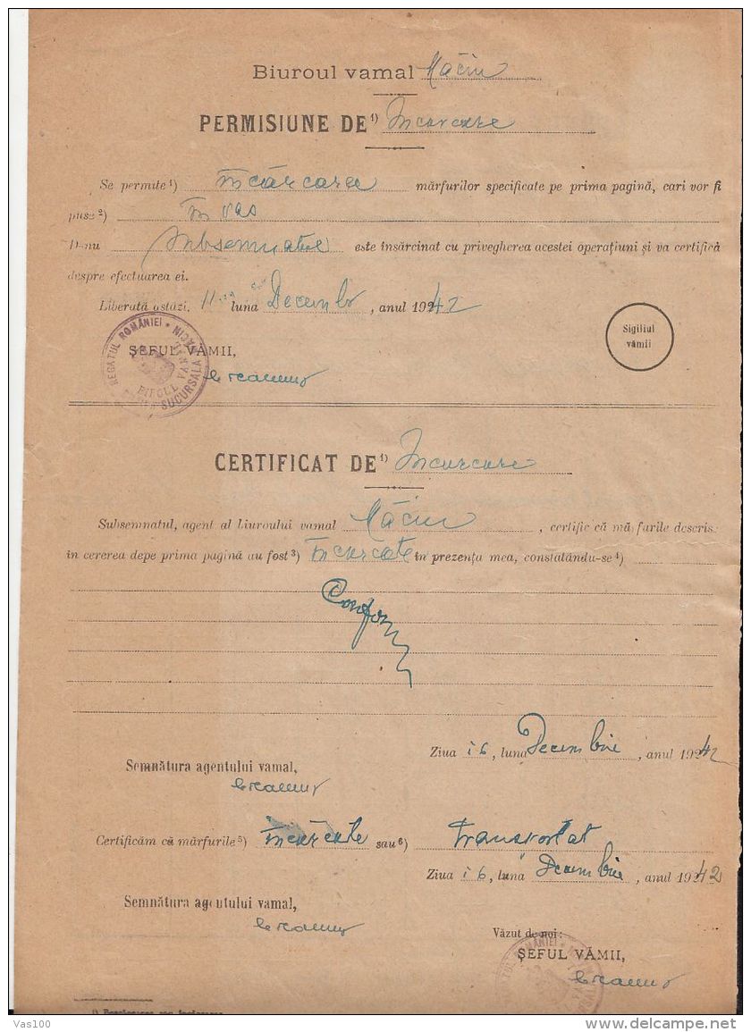 PERMIT APPLICATION FOR WARES, CUSTOMS OFFICE, KING MICHAEL REVENUE STAMP, FLOOD VICTIMS STAMPS, 1942, ROMANIA - Historical Documents