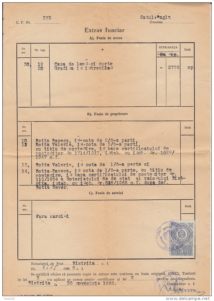 LAND REGISTRY EXCERPT, REVENUE STAMP, 1966, ROMANIA - Historical Documents