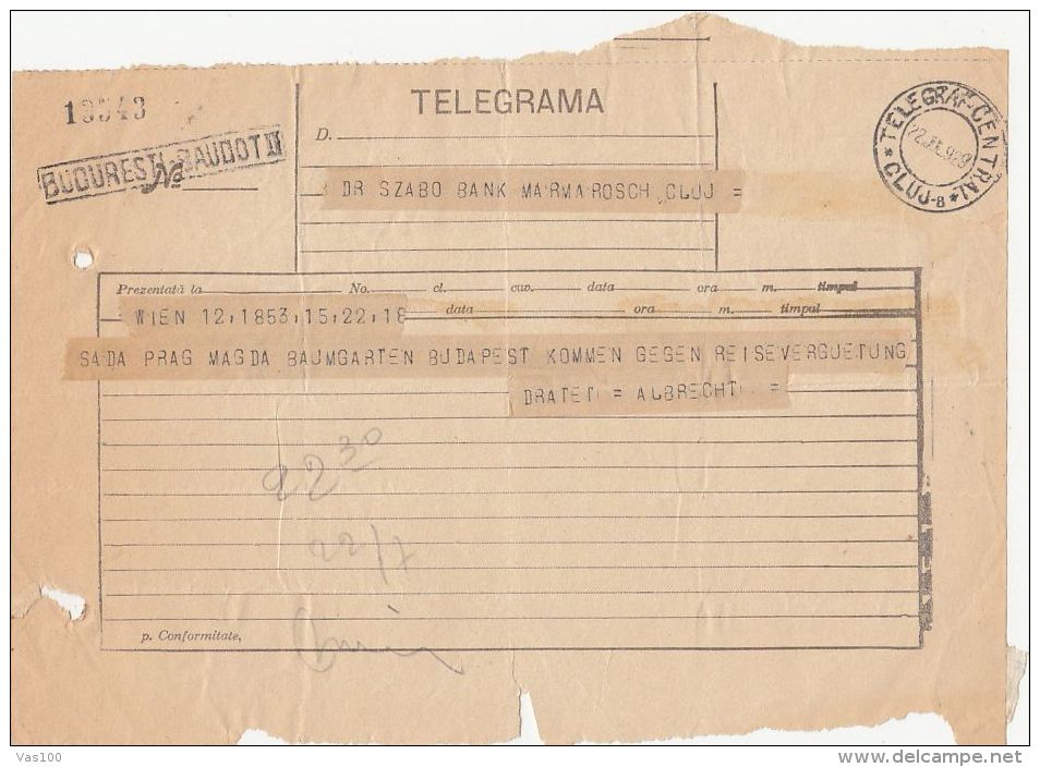 TELEGRAMME SENT FROM VIENNA TO CLUJ NAPOCA, 1929, ROMANIA - Télégraphes