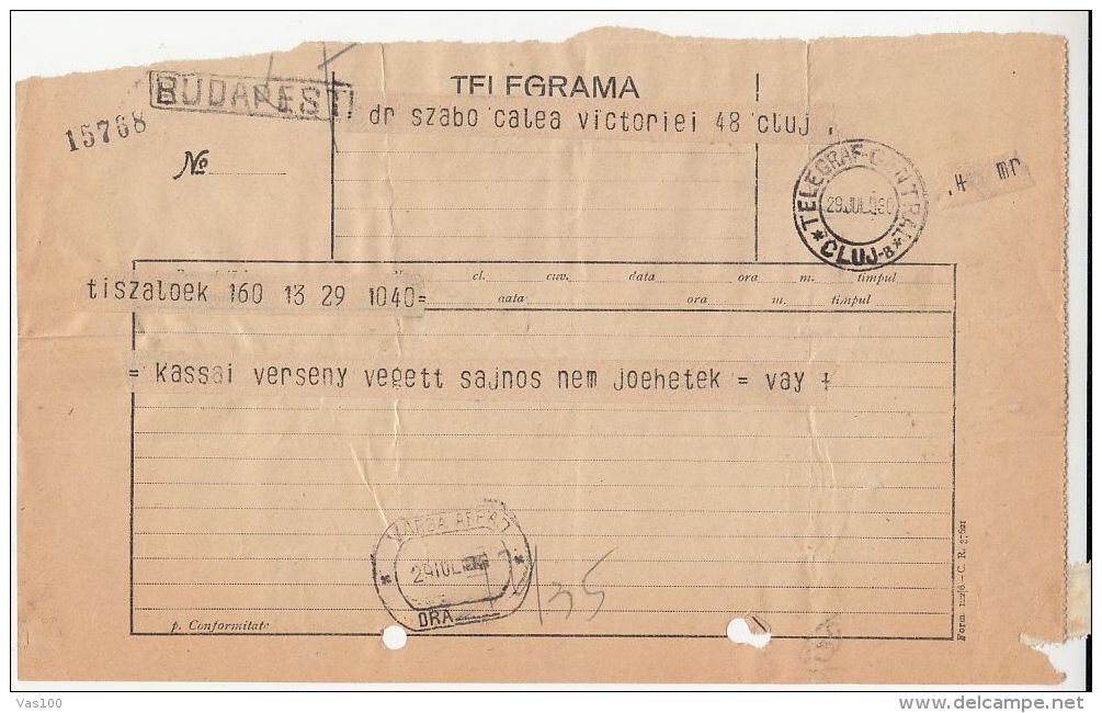 TELEGRAMME SENT FROM TISZALOK TO CLUJ NAPOCA, 1930, ROMANIA - Télégraphes