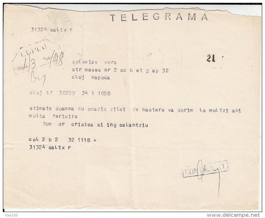 TELEGRAMME SENT LOCO IN CLUJ NAPOCA, 1981, ROMANIA - Télégraphes
