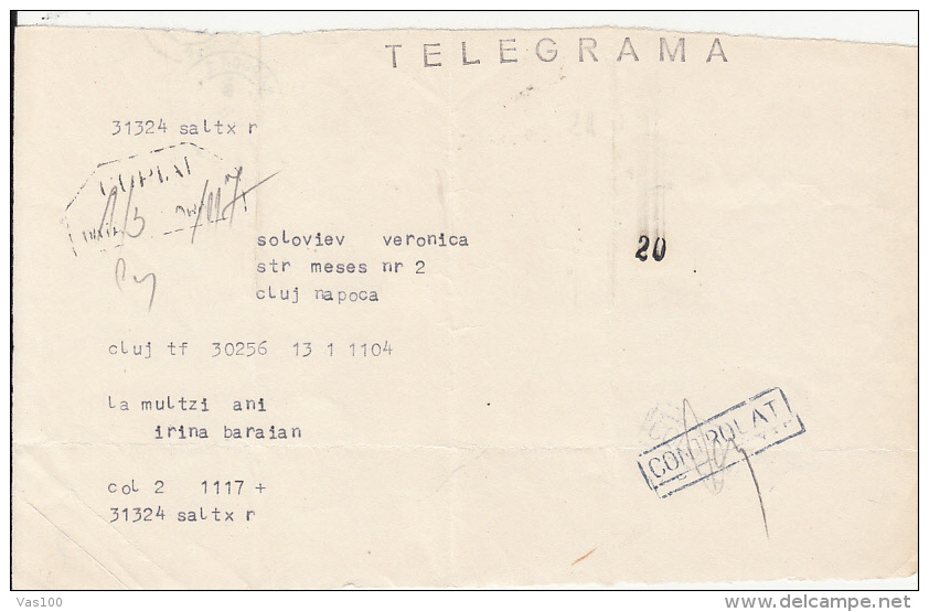 TELEGRAMME SENT LOCO IN CLUJ NAPOCA, 1981, ROMANIA - Télégraphes