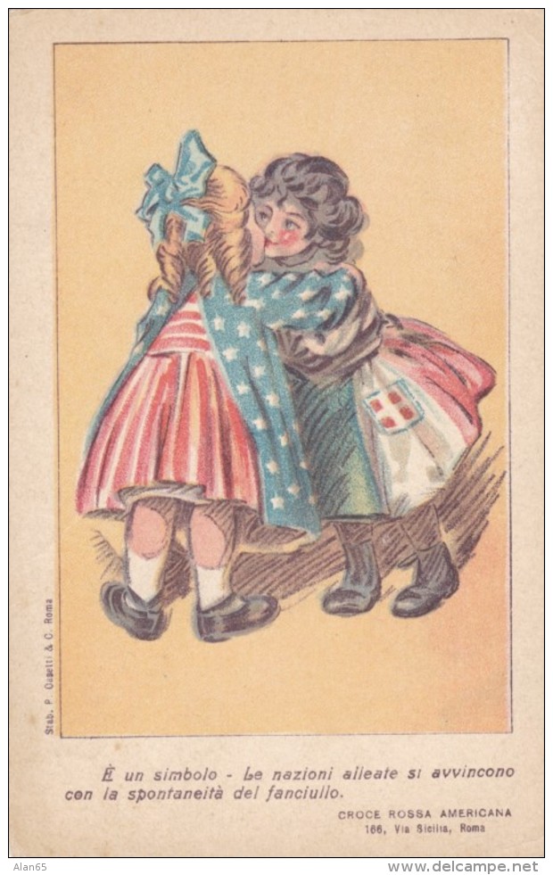 US Italy Children Embrace American Red Cross Aid To Sicily Artist Image, C1900s Vintage Postcard - Red Cross