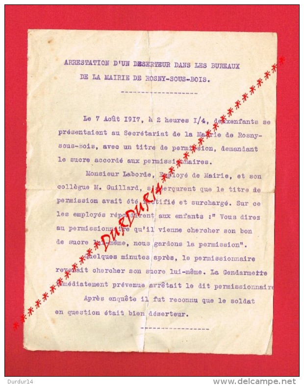 Guerre 14-18 Lettre D'Arrestation D'un Déserteur Dans Les Bureaux De La Mairie De ROSNY SOUS BOIS En 1917 ... - Collections