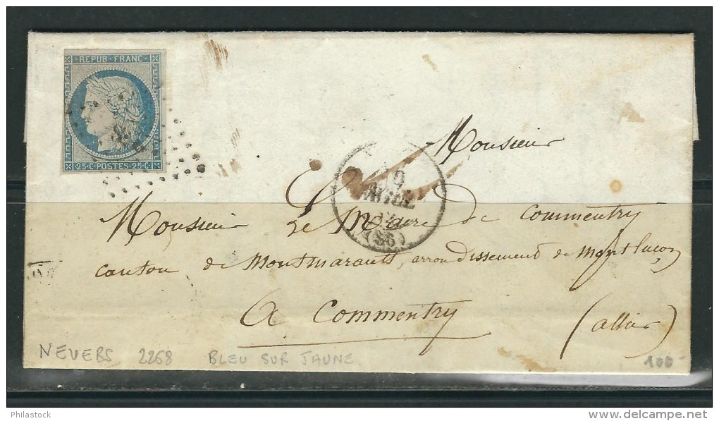 FRANCE 1852 N° 4 B (def.) Obl. S/Lettre Entiére PC 2268 Nevers - 1849-1850 Ceres