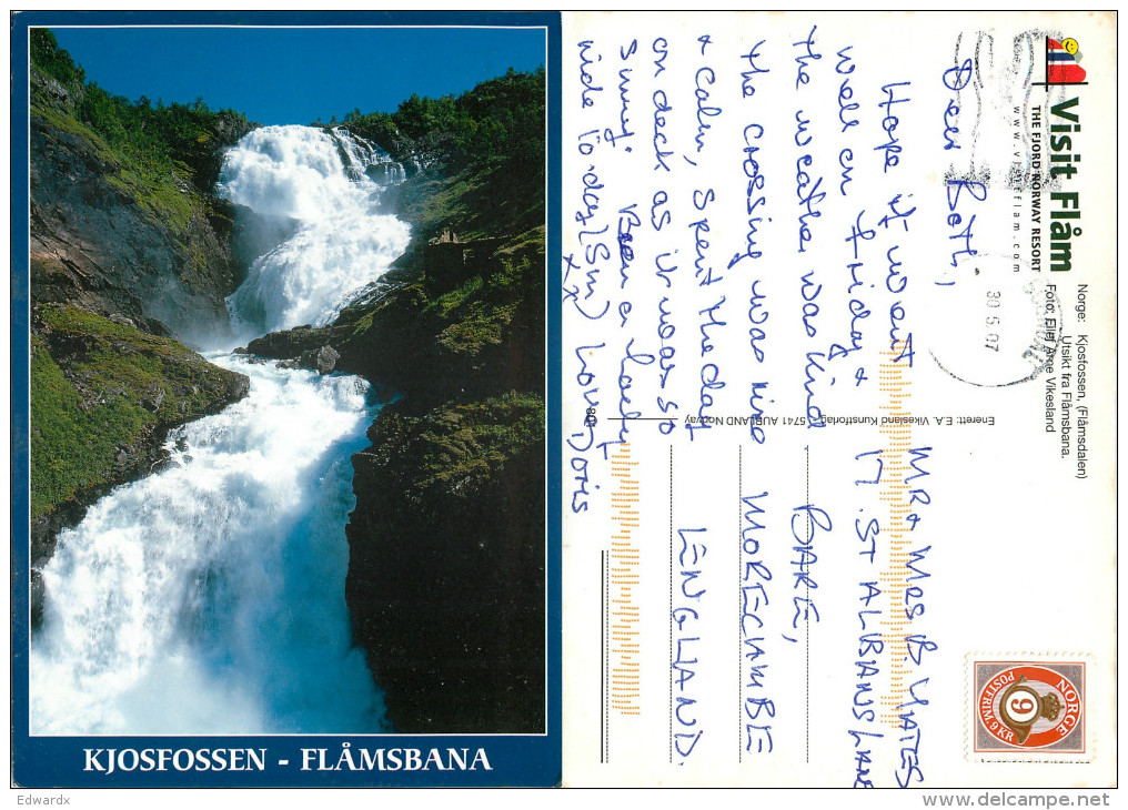 Kjosfossen Waterfall, Flam, Norway Postcard Posted 2007 Stamp - Noruega