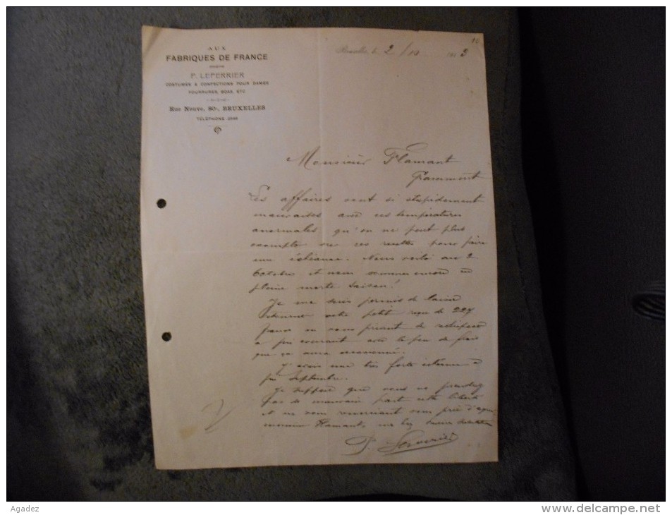 Ancienne Lettre De " Fabriques De France " (costumes,fourrures,boas) à M.Flamant Grammont  1913 (textile) Roubaix France - Kleidung & Textil