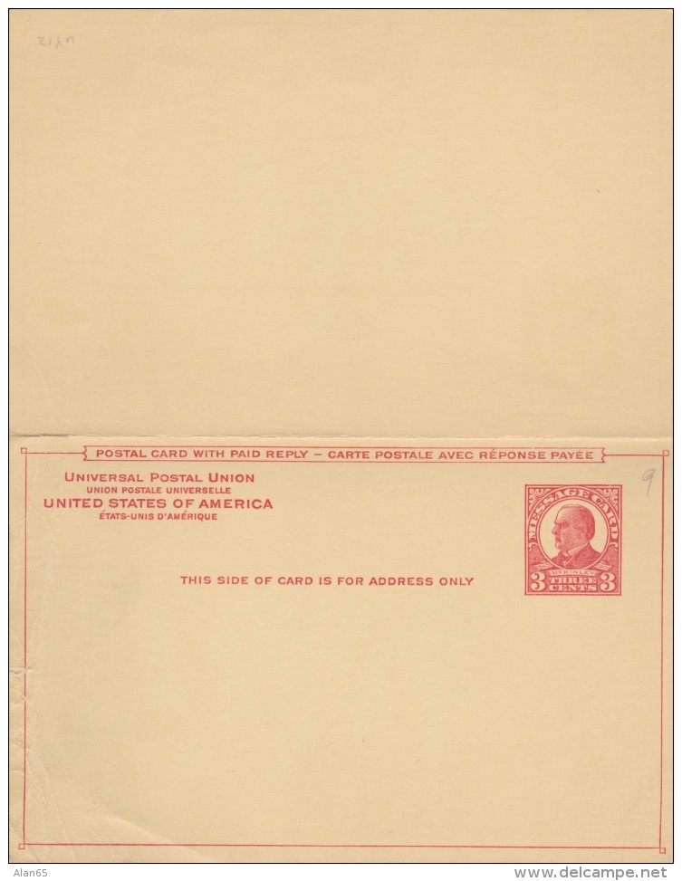 Sc#UY12 3c+3c Red Buff Paper Unsevered Postal Reply Card Stationery - 1921-40