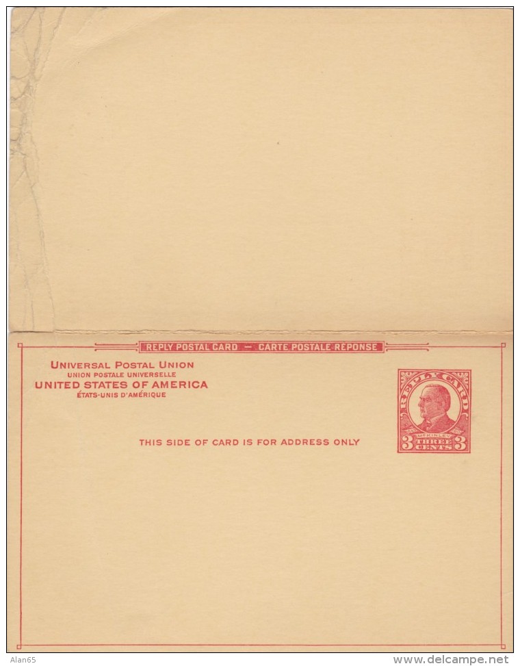 Sc#UY12 3c+3c Red Buff Paper Unsevered Postal Reply Card Stationery - 1921-40