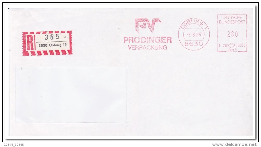 Coburg 2.8.85. Und 2.7.85., Prodinger Verpackung ( Nur Vorder- Brief ) - Brieven En Documenten