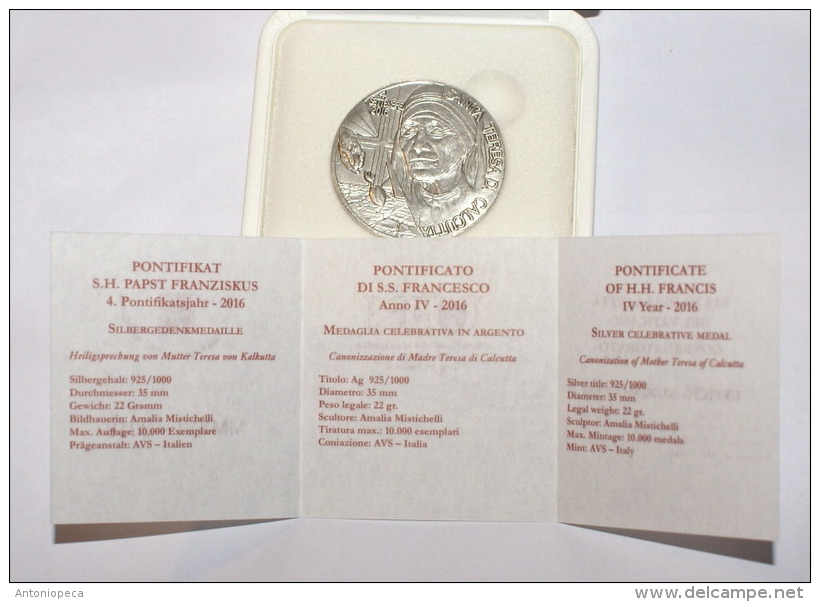 VATICANO - 2016, CANONIZZAZIONE MADRE TERESA DI CALCUTTA,   OFFICIAL SILVER MEDAL