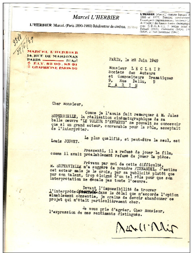 Rare Lettre De Marcel L Herbier On Y Parle De Louis Jouvet Et De Fernandel - Autres & Non Classés