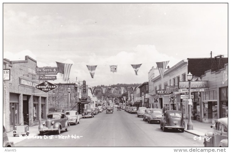 Kent Washington, Business District Street Scene, Auto, Goodyear Tires, DeSoto Plymouth Auto Sign C1940s Vintage Postcard - Andere & Zonder Classificatie