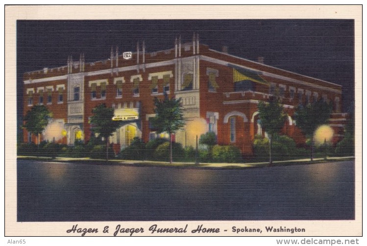Spokane Washington, Hazen &amp; Jaeger Funeral Home Mortuary, C1930s/40s Vintage Linen Postcard - Spokane