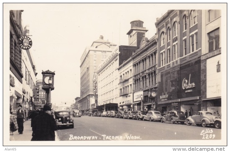 Tacoma Washington, Broadway Street Scene, Autos, Business District, C1940s Vintage Ellis #1209 Postcard - Tacoma