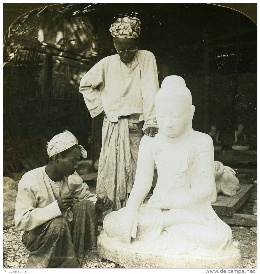 Birmanie Sculpteur De Marbre Bouddha Ancienne Photo Stereoscope HC White 1907 - Stereoscopic