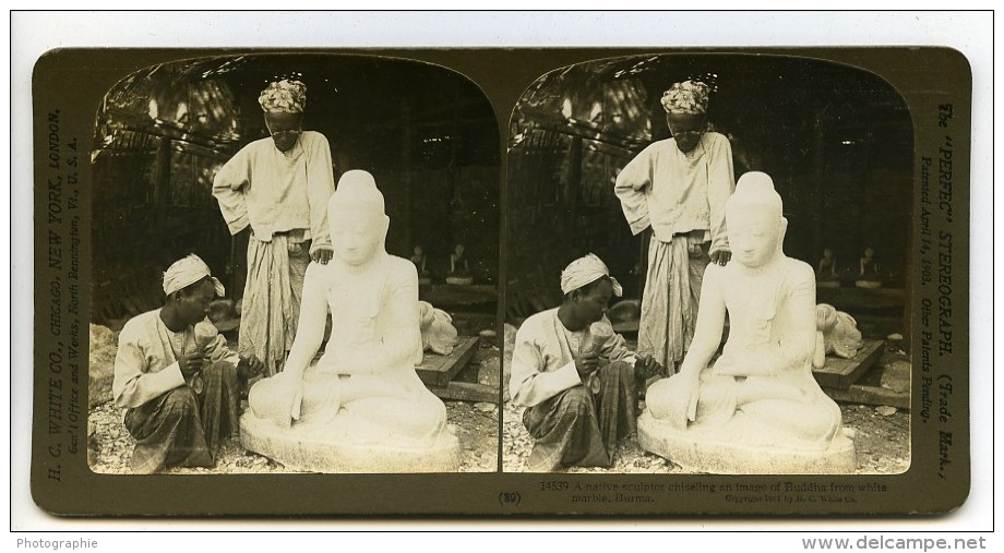 Birmanie Sculpteur De Marbre Bouddha Ancienne Photo Stereoscope HC White 1907 - Stereoscopic