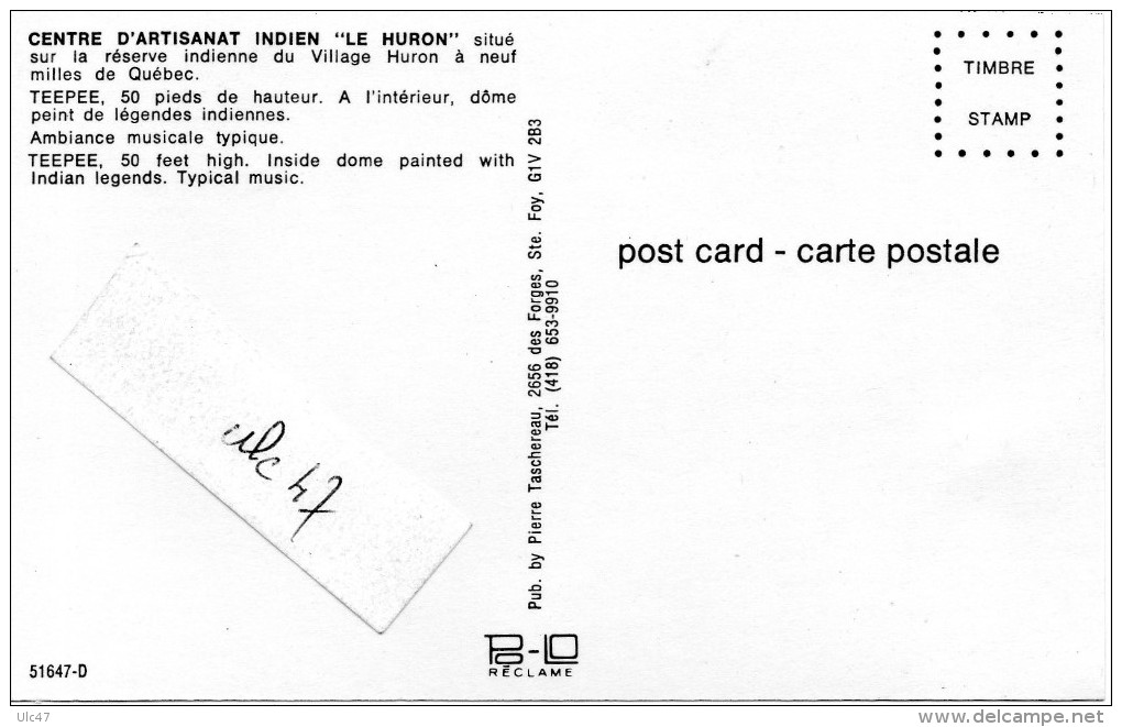 - CENTRE D'ARTISANAT INDIEN  "LE HURON"  - Scan Verso - - Québec - Sainte-Foy-Sillery