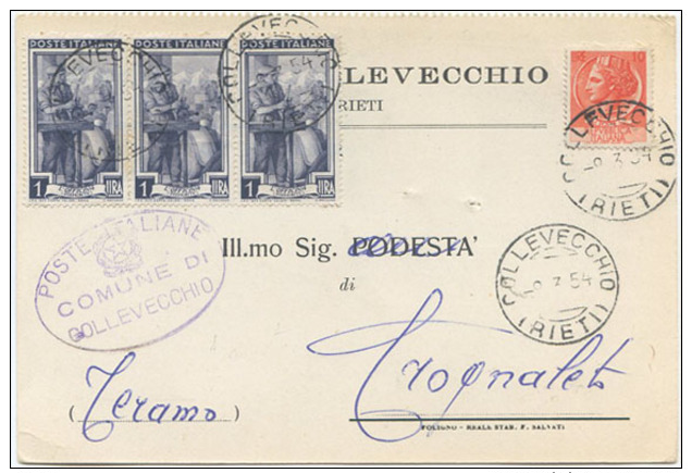 1954 LAVORO L. 1 STRISCIA DI 3 + SIRACUSANA L. 10 CARTOLINA TARIFFA RIDOTTA SINDACI 9.7.54 – OTTIMA QUALITÀ (6897) - 1946-60: Storia Postale
