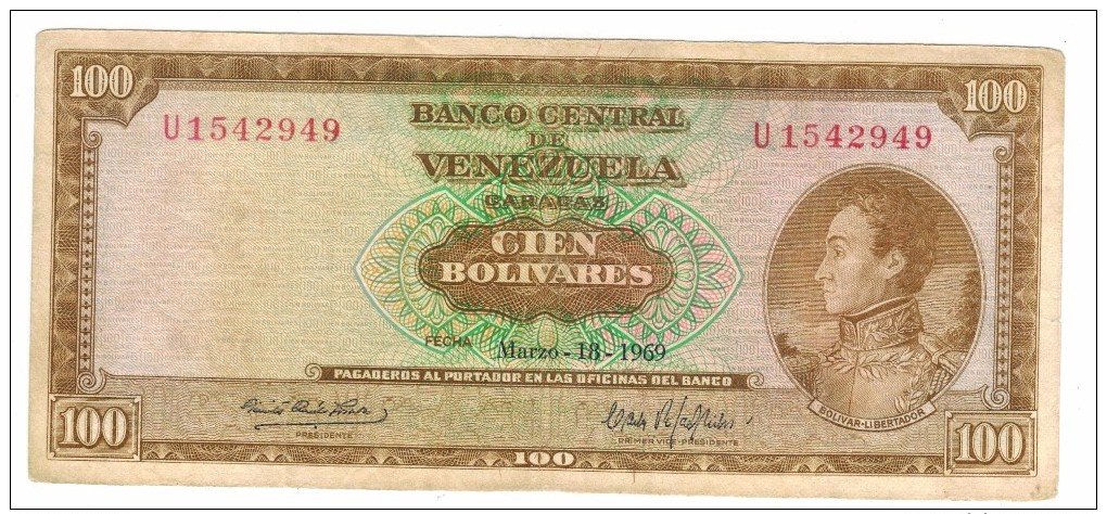 Venezuela 100 Bs. 1969, VF. Rare. Free Ship. To USA. - Venezuela